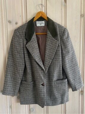Vintage International Scene Wool Houndstooth Plaid Blazer – Suede Collar